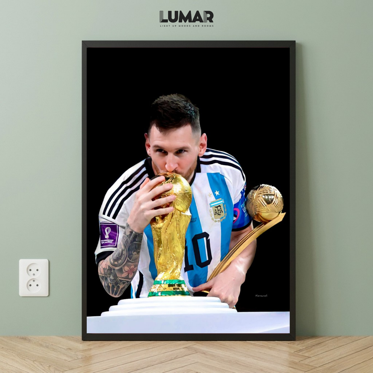 Framed wall art poster of Lionel Messi kissing the World Cup trophy