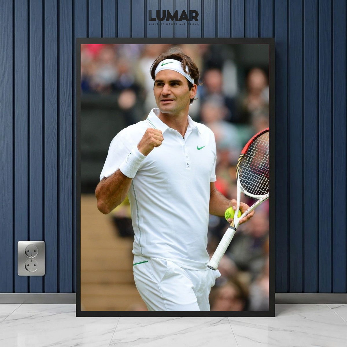 Framed wall art poster of Roger Federer celebrating in tennis gear
