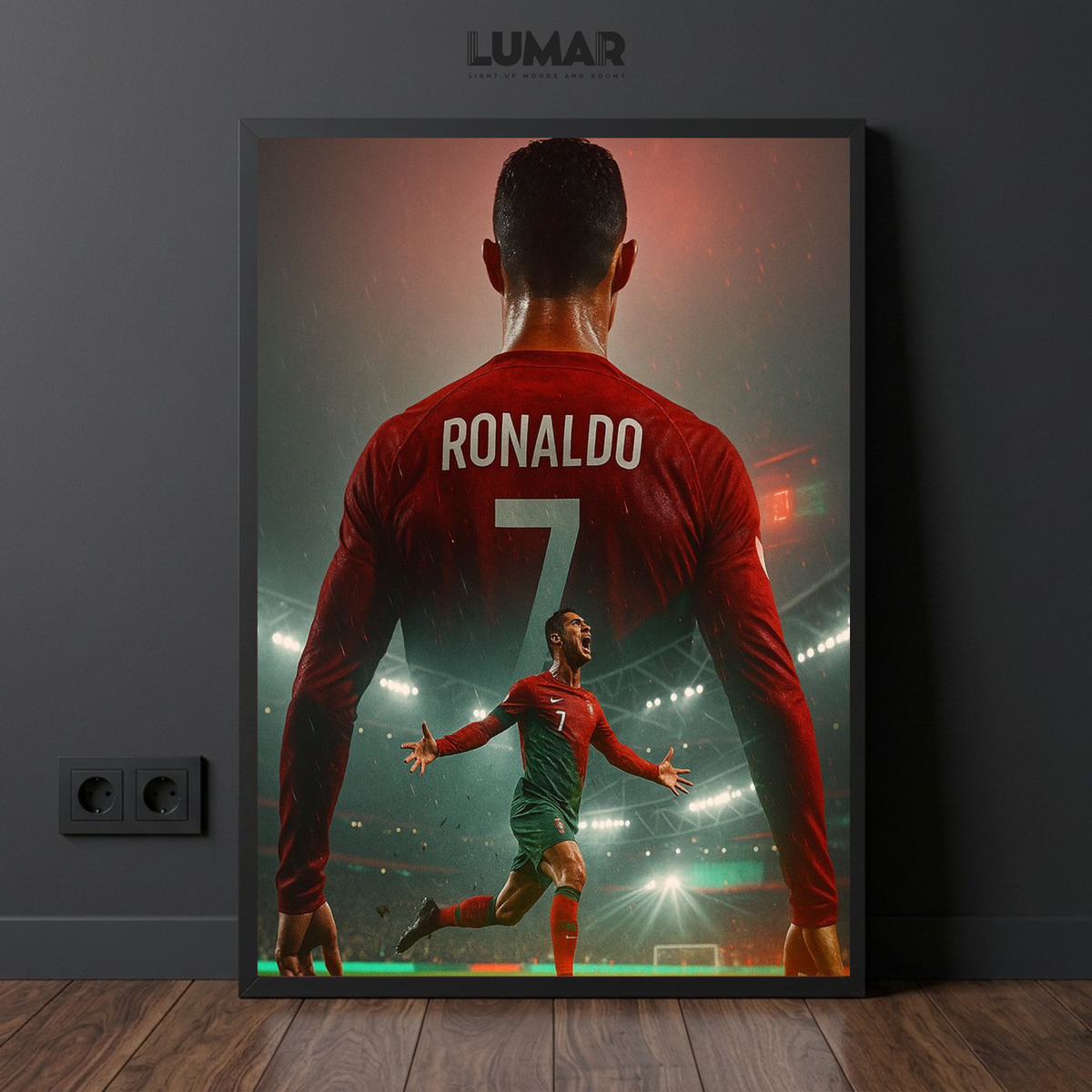 Cristiano Ronaldo number 7 framed poster celebrating on a stadium pitch under stadium lights.