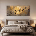 Flying Cranes Over Moon 3 Panels Wall Art