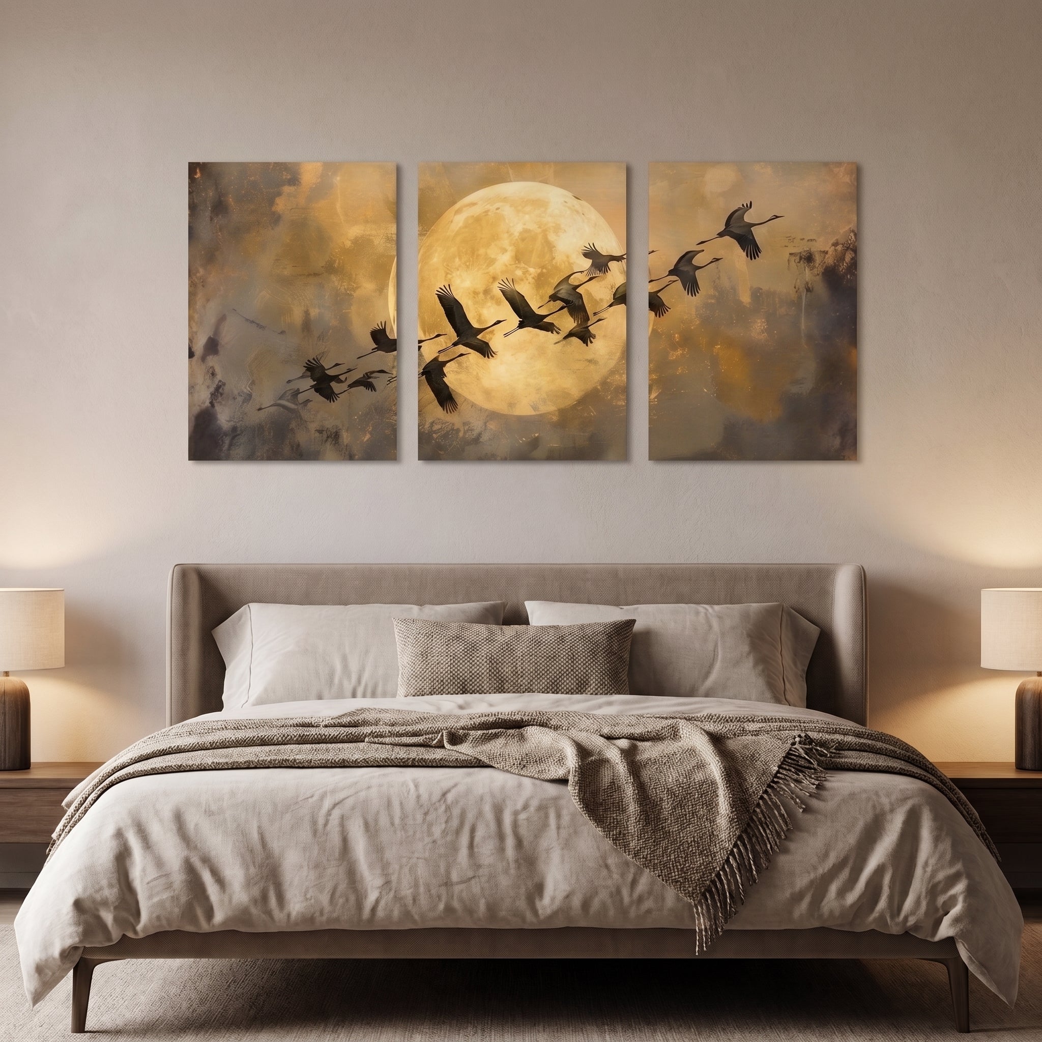 Flying Cranes Over Moon 3 Panels Wall Art