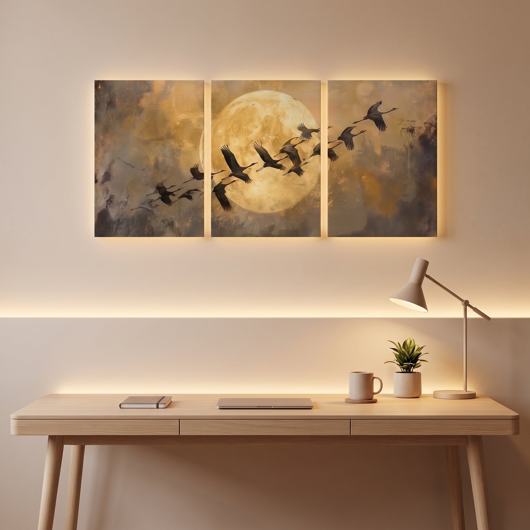 Flying Cranes Over Moon 3 Panels Wall Art