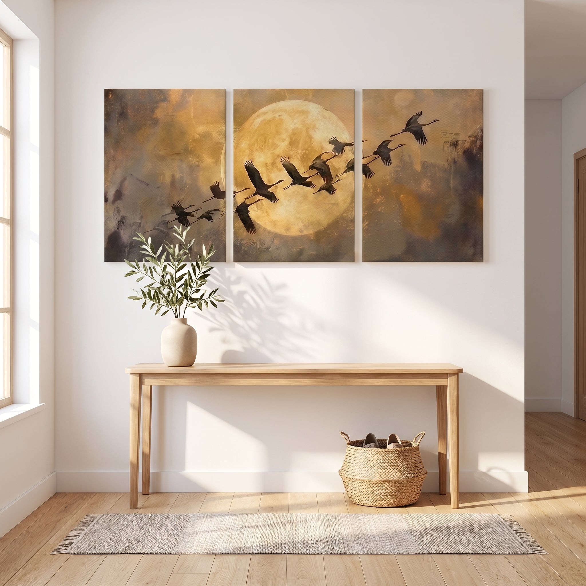 Flying Cranes Over Moon 3 Panels Wall Art