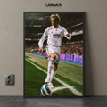 Framed poster of David Beckham in a Real Madrid kit playing on a football pitch.