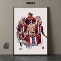Framed multi-image collage poster of Erling Haaland in the Norway national team kit.