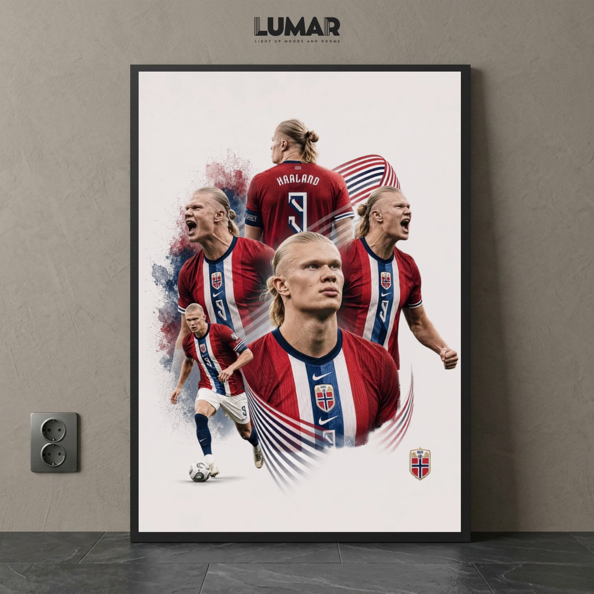 Framed multi-image collage poster of Erling Haaland in the Norway national team kit.