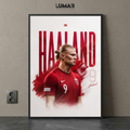 Framed graphic poster of Erling Haaland wearing the red Norway national team kit with bold typography.