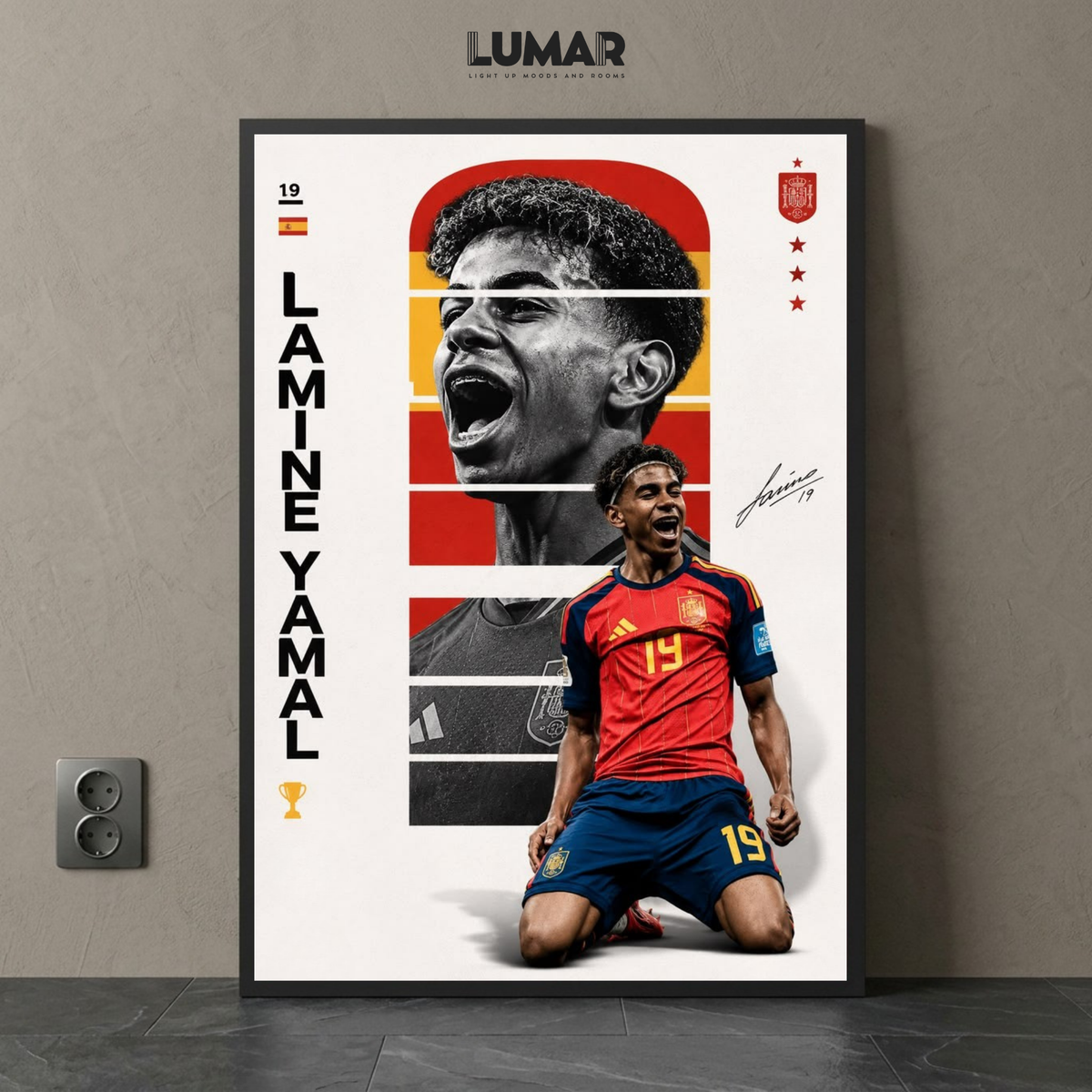 Framed graphic art poster of Lamine Yamal celebrating in an Spain national team kit with number 19.