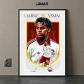 Framed vintage-style poster of Lamine Yamal playing football in a retro Spain kit with burgundy and white details.