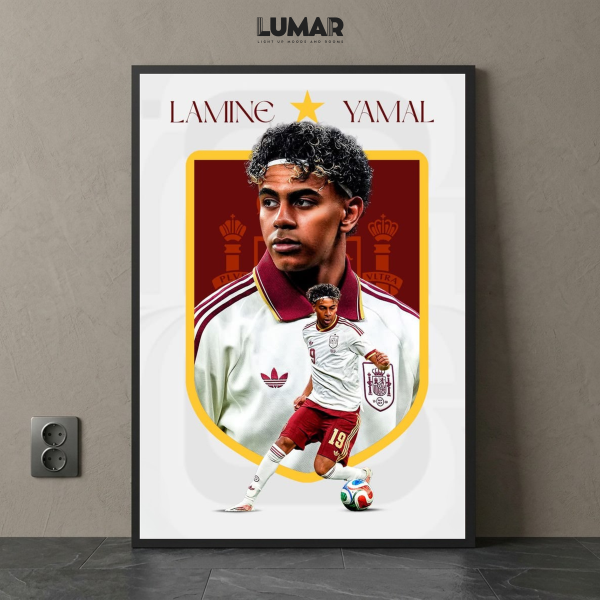 Framed vintage-style poster of Lamine Yamal playing football in a retro Spain kit with burgundy and white details.