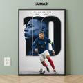 Framed wall art poster featuring Kylian Mbappé in action dribbling a football with a large number 10 graphic and portrait background.