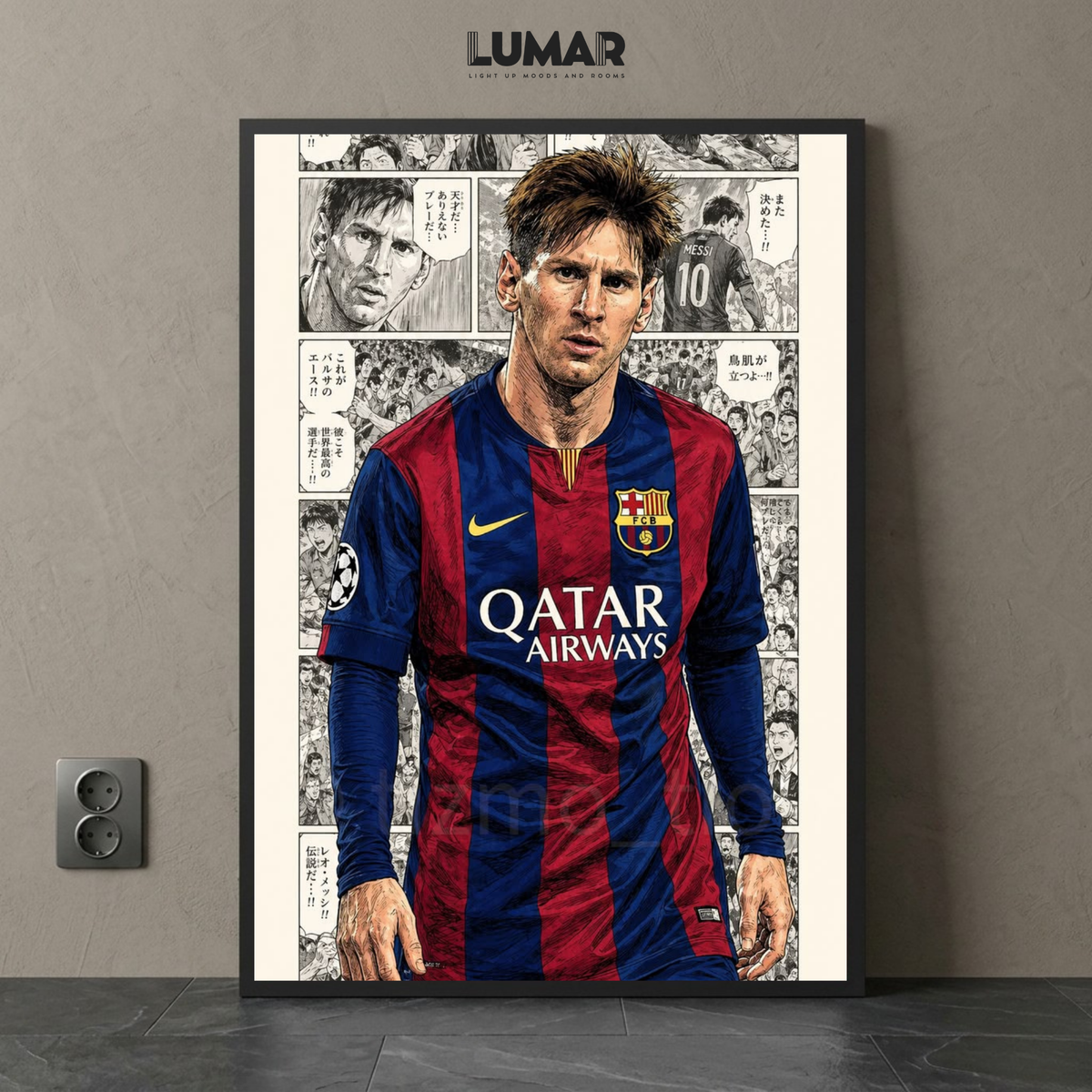 Framed wall art poster featuring Lionel Messi in a Barcelona kit