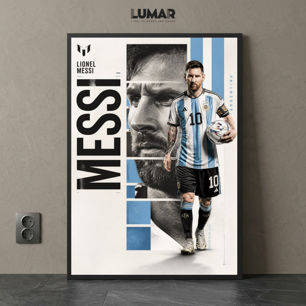 Framed wall art poster featuring Lionel Messi in his Argentina kit holding a football