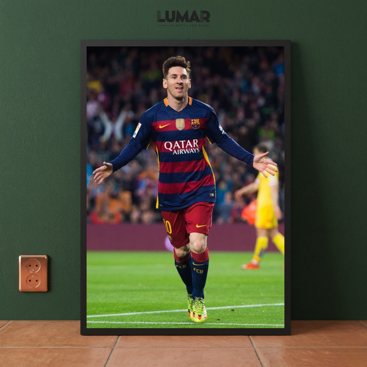Framed wall art poster of Lionel Messi celebrating in his Barcelona kit