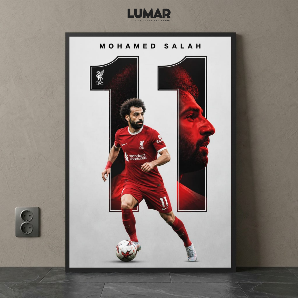Framed wall art poster featuring Mohamed Salah in a Liverpool kit