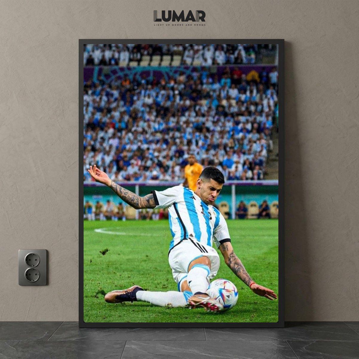 Framed wall art poster featuring Cristian Romero in an Argentina kit