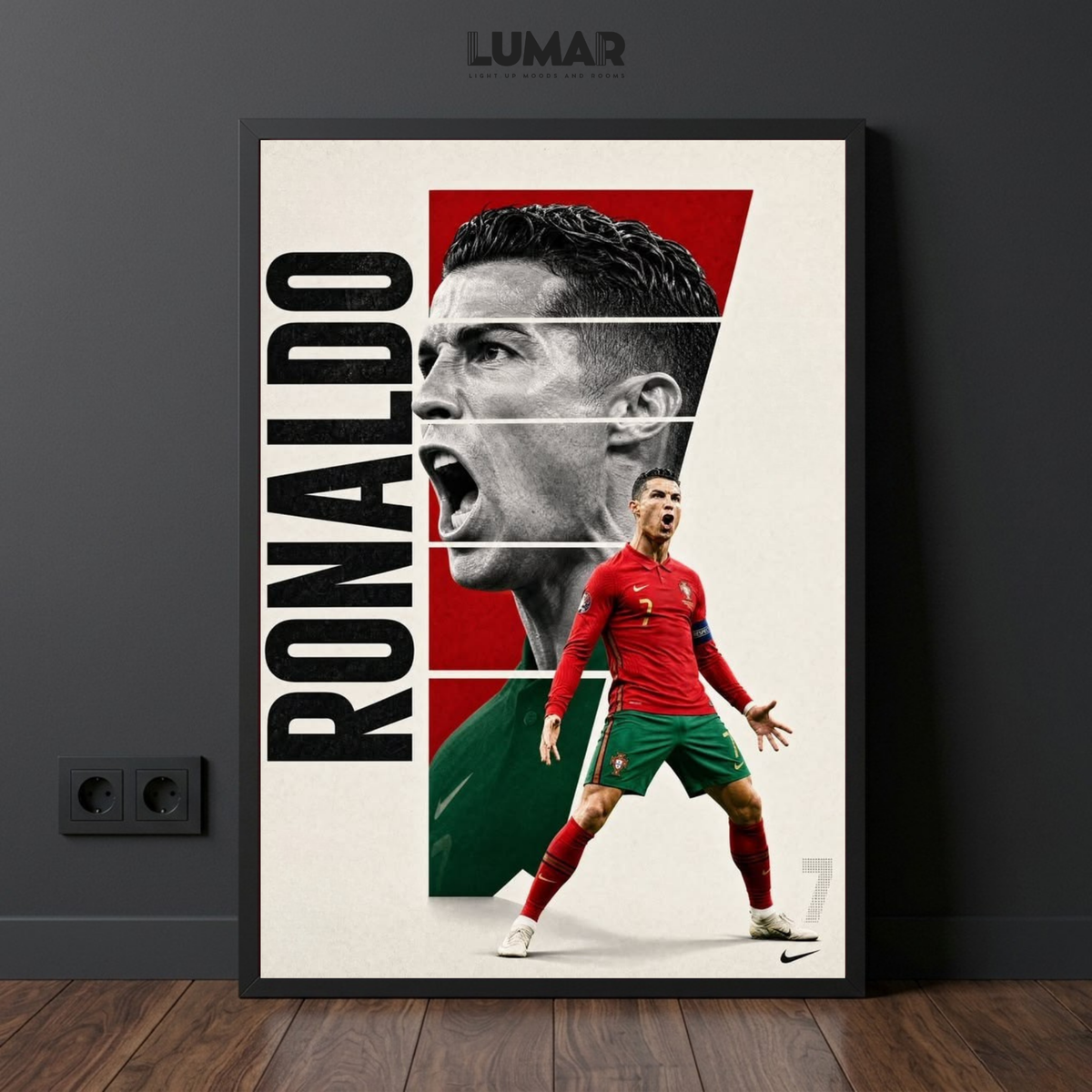 Framed wall art poster featuring Cristiano Ronaldo in a Portugal kit