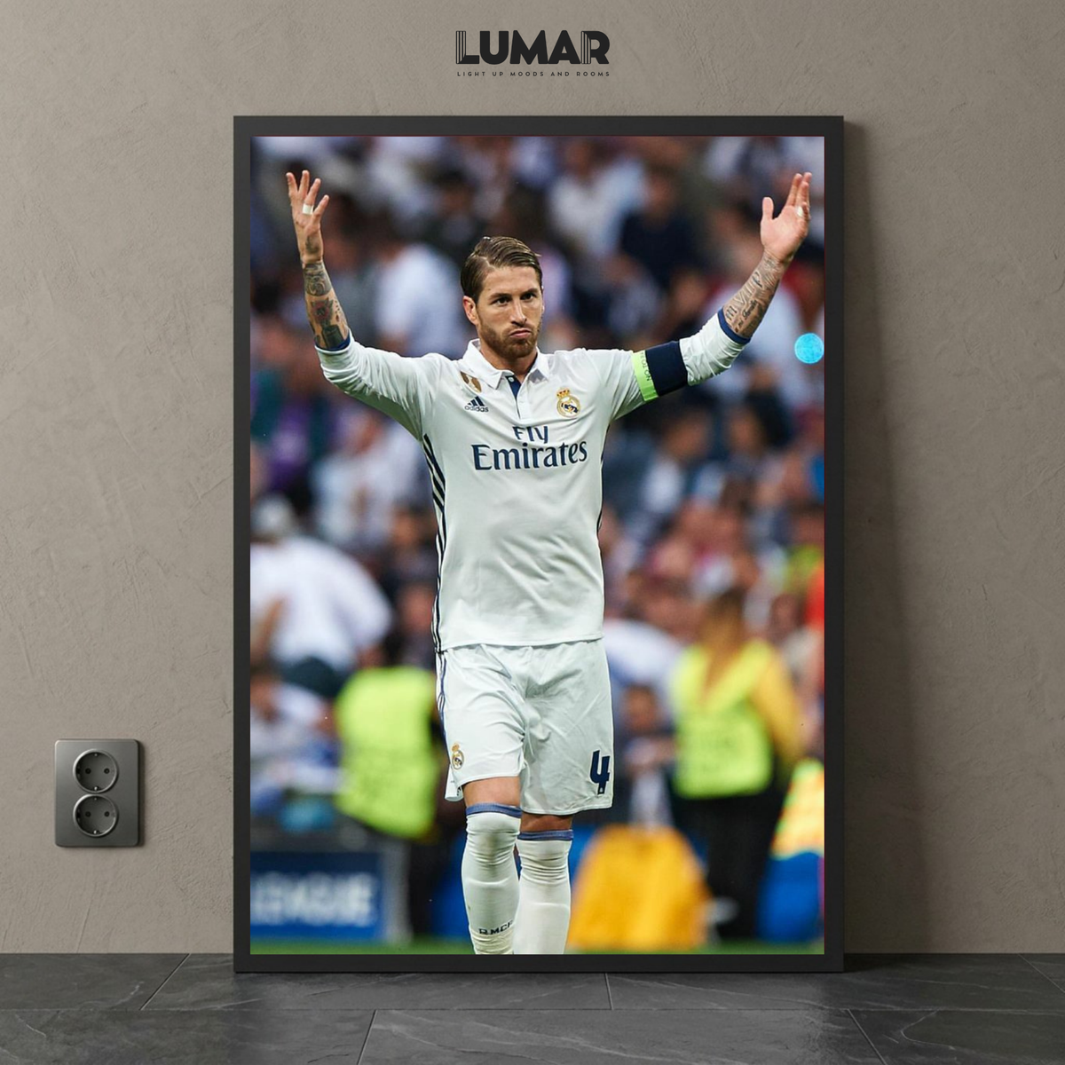 Framed wall art poster featuring Sergio Ramos in a Real Madrid kit