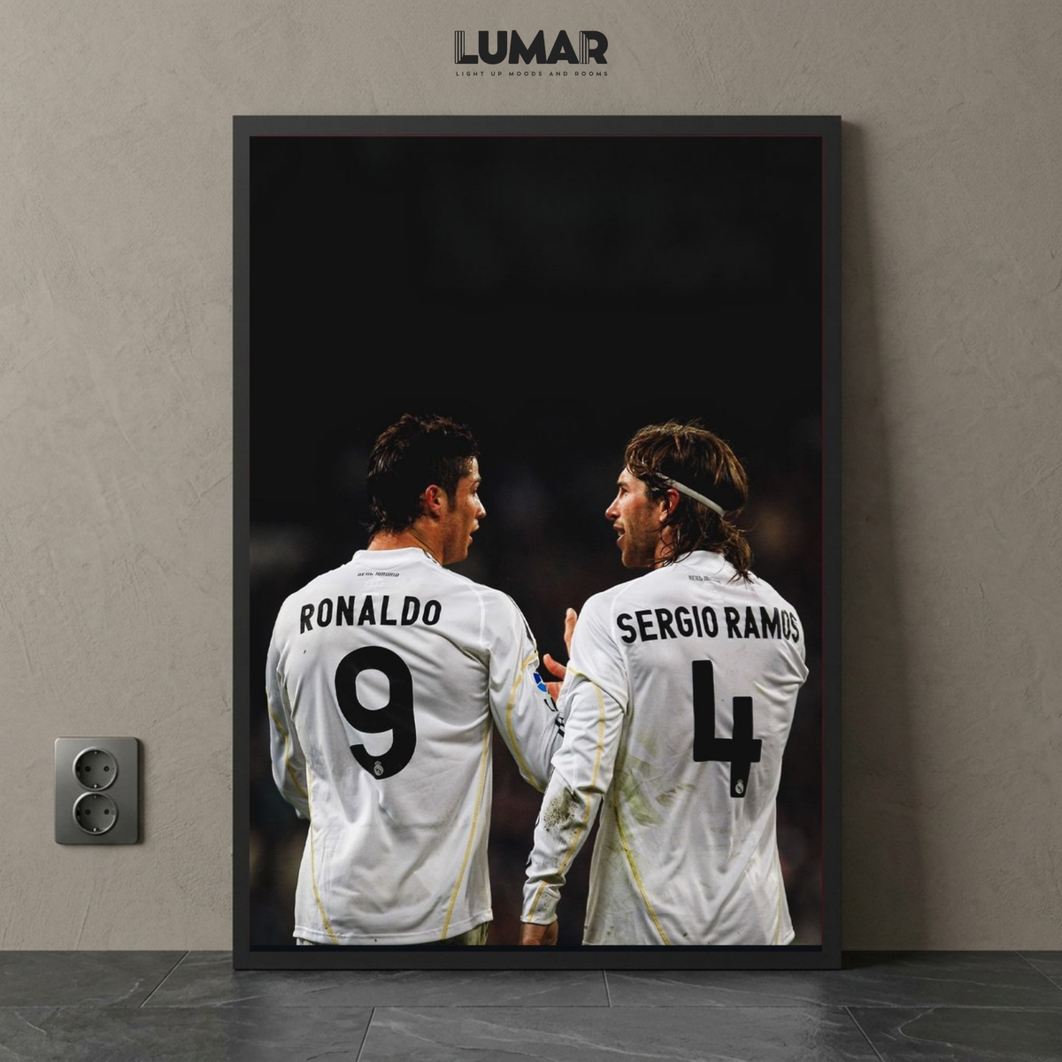 Framed wall art poster featuring Cristiano Ronaldo and Sergio Ramos in Real Madrid kits