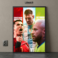 Framed wall art poster featuring Cristiano Ronaldo, Lionel Messi, and Neymar Junior side by side
