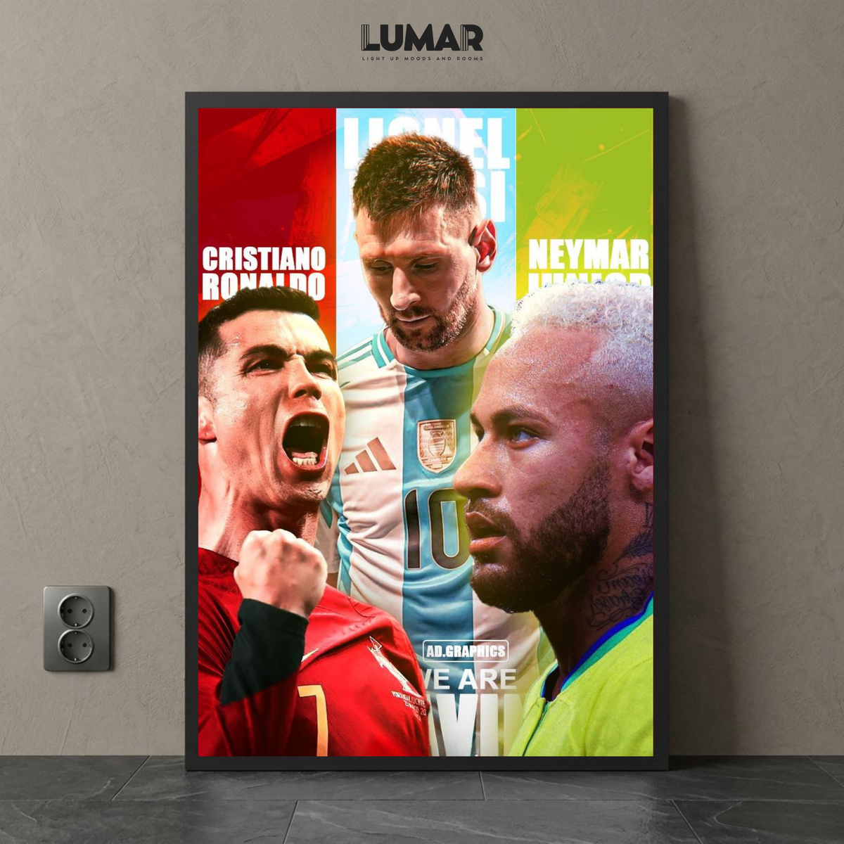 Framed wall art poster featuring Cristiano Ronaldo, Lionel Messi, and Neymar Junior side by side